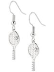 Born To Rally Racquet Rhinestone Dangle Earrings-Silver