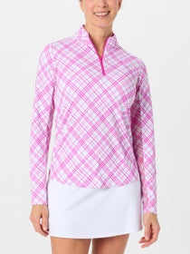 IBKUL Women's Tony Plaid LS Zip Mock - Hot Pink