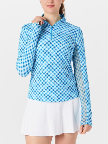 IBKUL Womens Gingham Check Long Sleeve Zip Mock - Turq