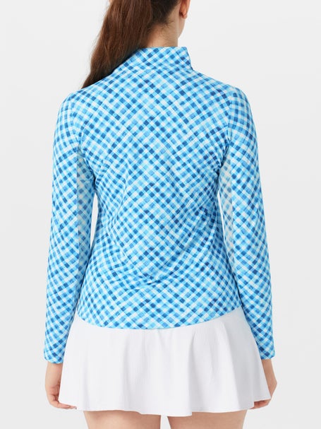 IBKUL Womens Gingham Check Long Sleeve Zip Mock - Turq