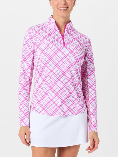 IBKUL Womens Tony Plaid LS Zip Mock - Hot Pink