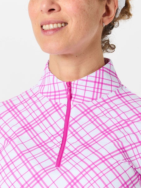 IBKUL Womens Tony Plaid LS Zip Mock - Hot Pink