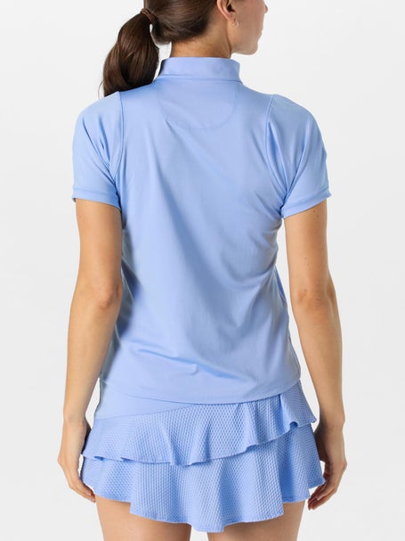 Lucky In Love Womens Blues Birdie Mock Neck Zip Top
