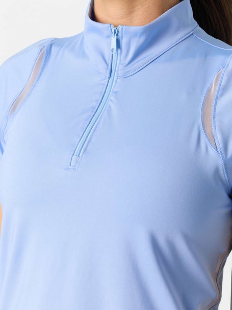 Lucky In Love Womens Blues Birdie Mock Neck Zip Top